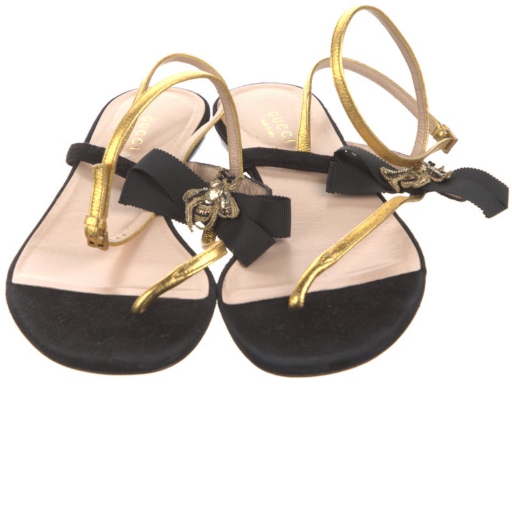 Gucci Rare Soho Bee Gold Black Ankle Strap Sandals Size 6